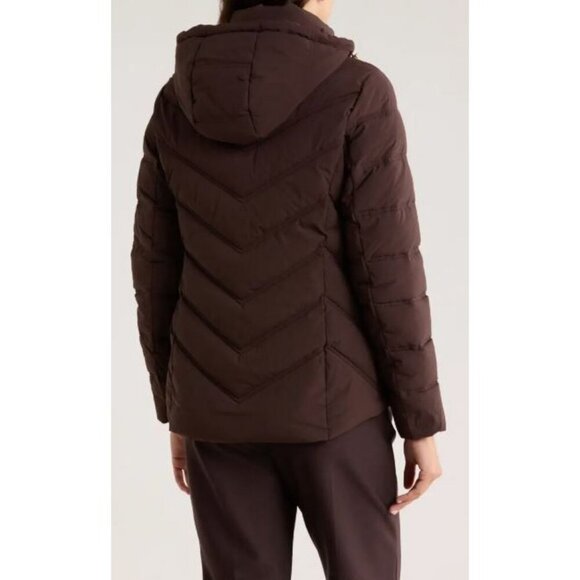 Michael Kors Womens Brown Quilted Puffer Zip Up Hooded Chevron Jacket Sz M New - Picture 3 of 15